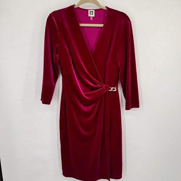 Anne Klein  Classic Wrap Stretch Velvet Dress Rhinestone Chain Buckle raspberry - Picture 5 of 16